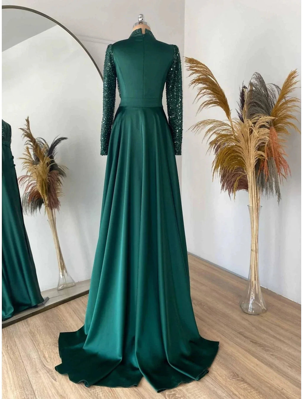 Green Sheath Satin Long Sleeve Pleated Evening Gown - Chloe Dress