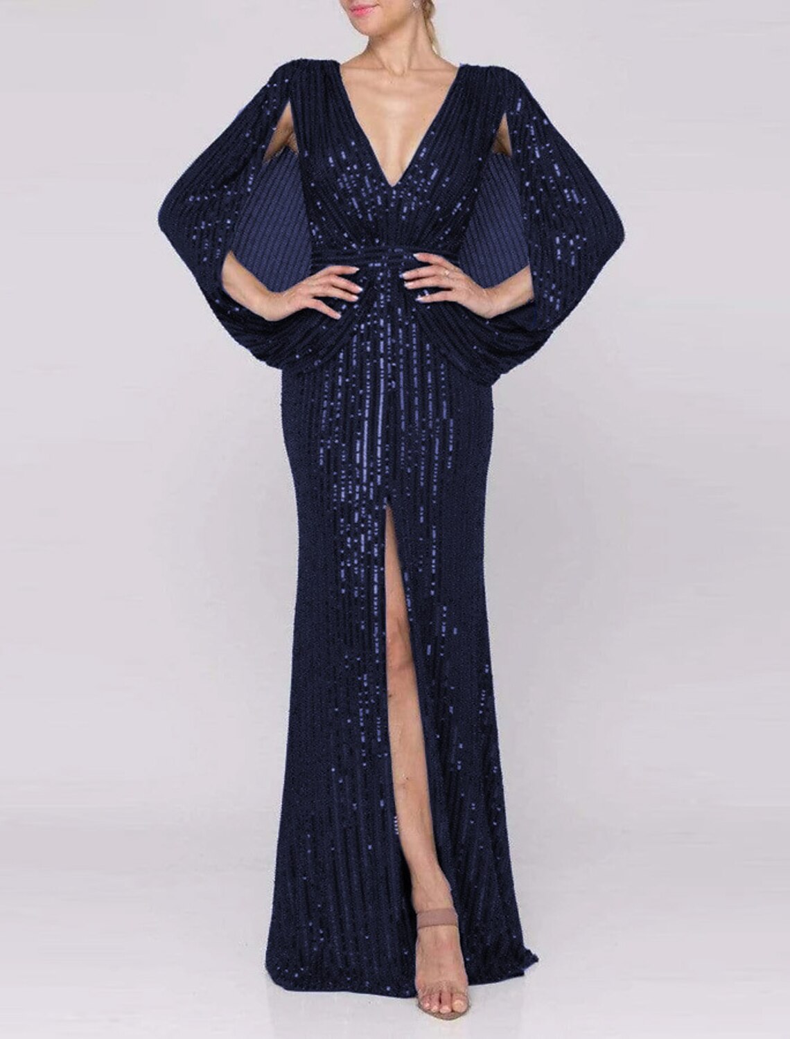 Mermaid V-Neck Polyester Sleeveless High Slit Evening Gown - Chloe Dress