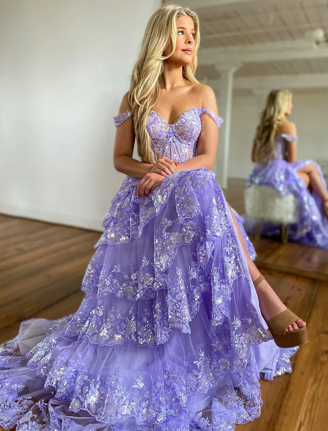 Mermaid Off-Shoulder Tulle Sleeveless Lace-Up Back High Slit Evening Dress - Chloe Dress