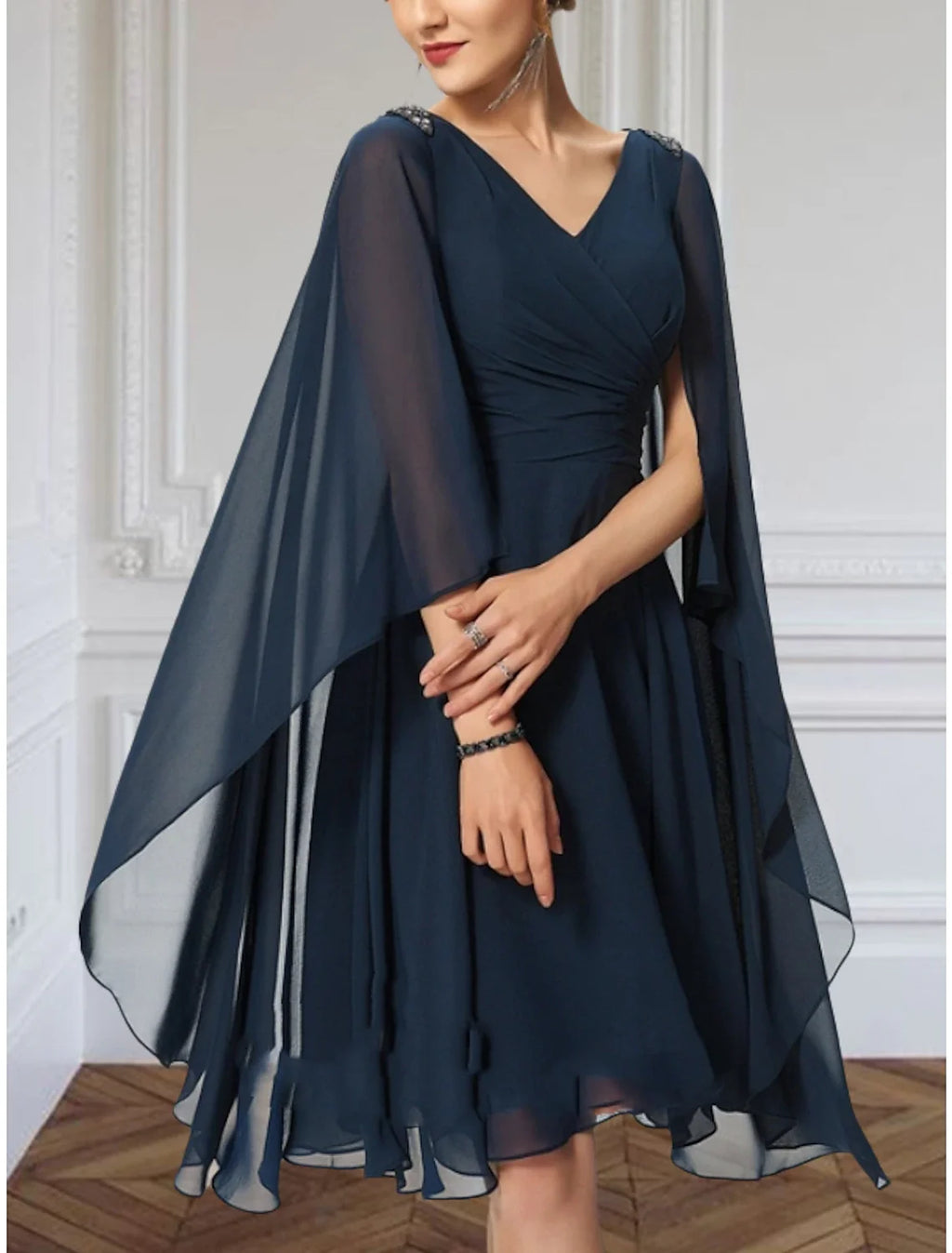 A-Line V-Neck Chiffon Sleeveless Pleated Knee-Length Wedding Dress - Chloe Dress