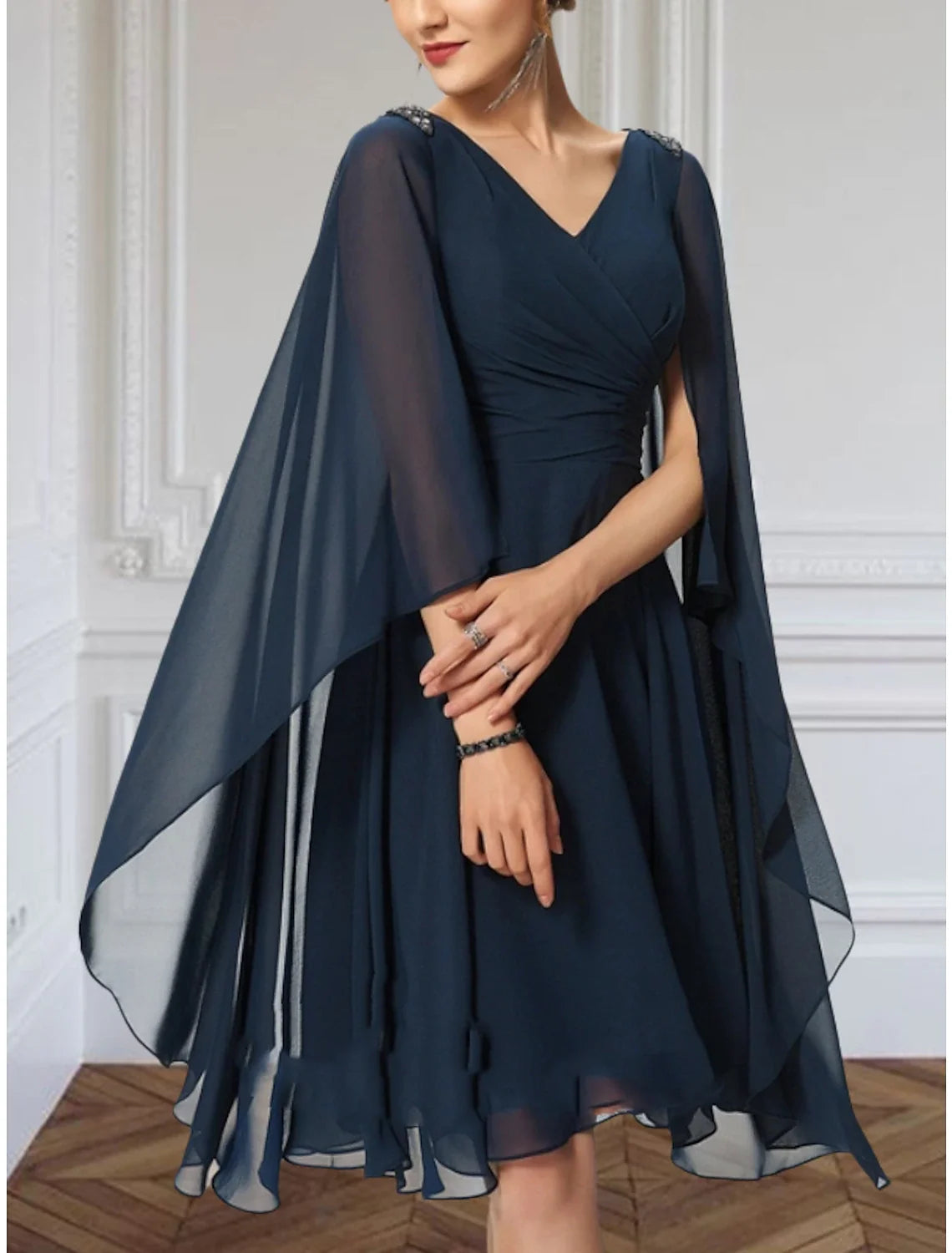 A-Line V-Neck Chiffon Sleeveless Pleated Knee-Length Wedding Dress - Chloe Dress