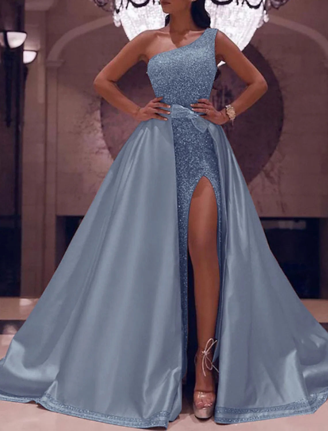 Ball Gown One-Shoulder Satin Sleeveless High Slit Floor-Length Evening Gown - Chloe Dress