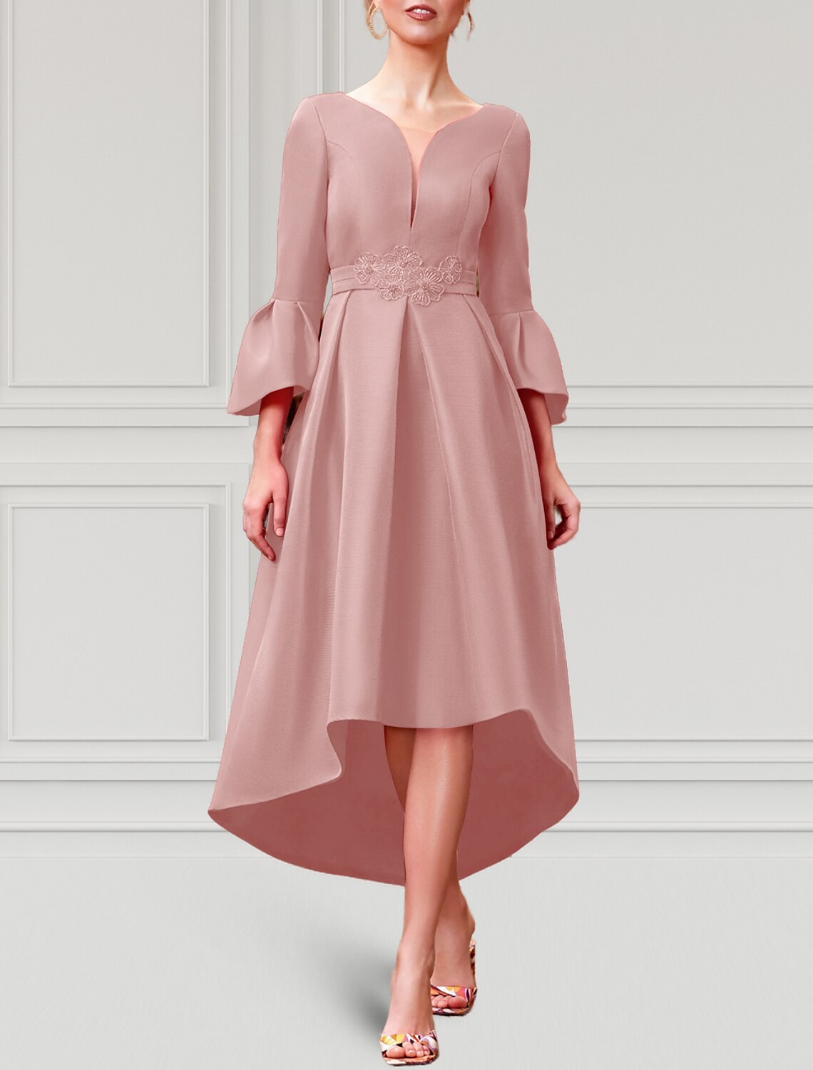 A-Line V-Neck Satin Three-Quarter Sleeve Pleated Wedding Dress - Chloe Dress