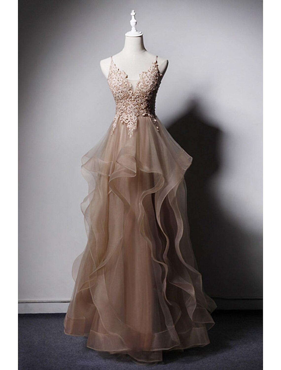 A-Line Spaghetti Strap Lace Sleeveless Open Back Ruffled Floor-Length Prom Dress - Chloe Dress