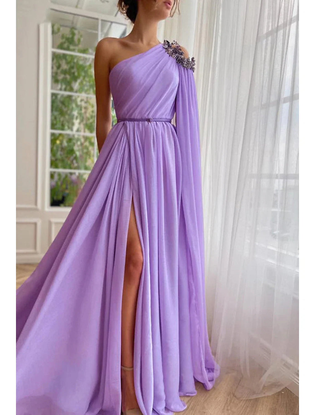 A-Line One-Shoulder Chiffon Sleeveless High Slit Evening Gown - Chloe Dress