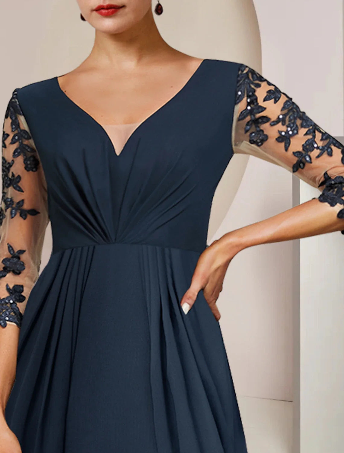 A-Line V-Neck Chiffon Three-Quarter Sleeve Applique Ankle-Length Wedding Dress - Chloe Dress