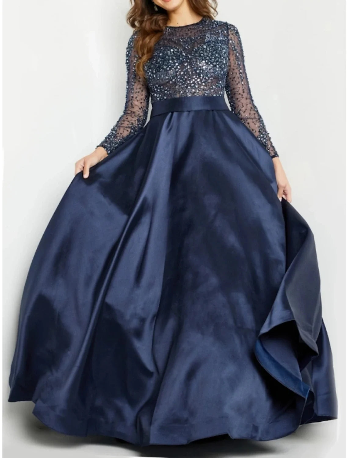 A-Line Sequin Long Sleeve Pleated Floor-Length Evening Gown - Chloe Dress