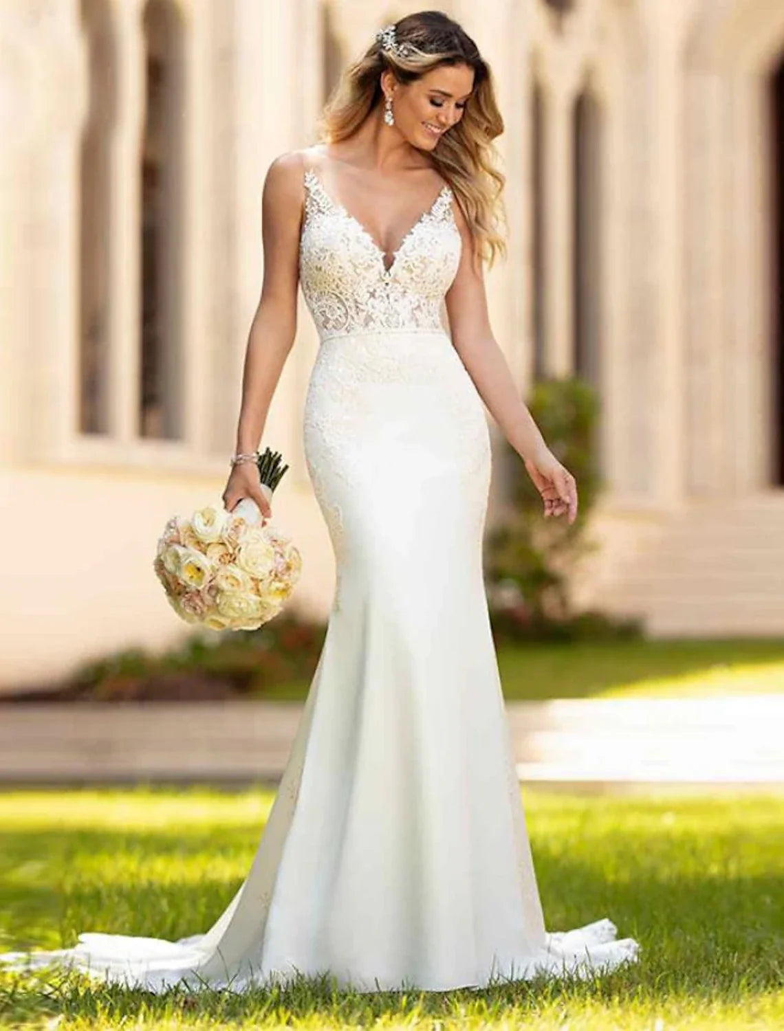 Mermaid V-Neck Lace Sleeveless Open Back Train Wedding Gown - Chloe Dress
