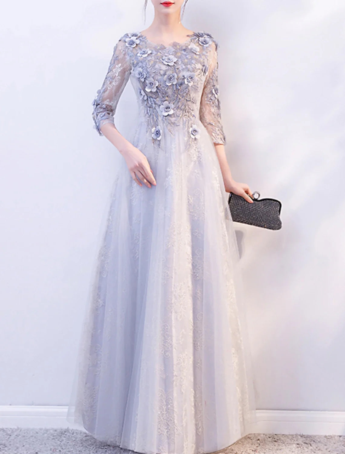 A-Line Tulle Three-Quarter Sleeve Applique Floor-Length Evening Gown - Chloe Dress