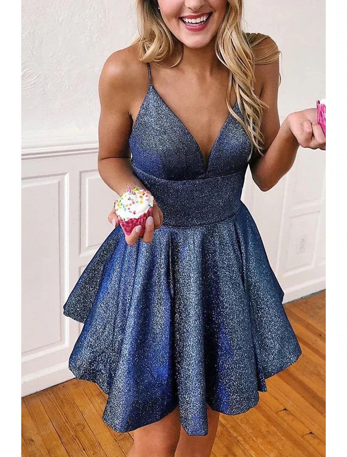 A-Line V-Neck Satin Sleeveless Backless Pleated Mini Cocktail Dress - Chloe Dress