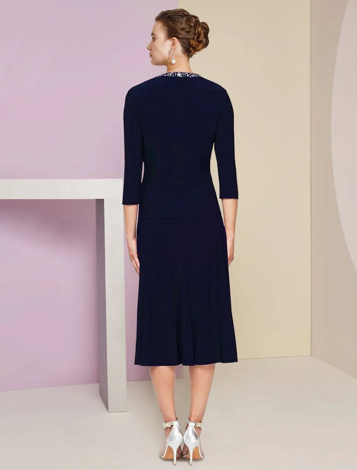 A-Line Three-Quarter Sleeve Pleated Knee-Length Wedding Dress - Chloe Dress