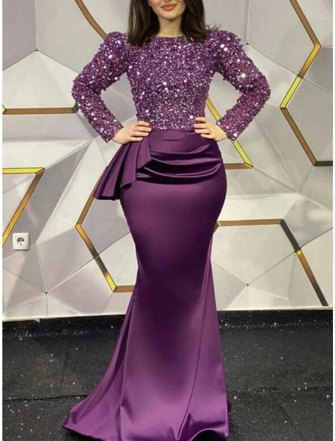 Sheath Satin Long Sleeve Train Evening Gown - Chloe Dress