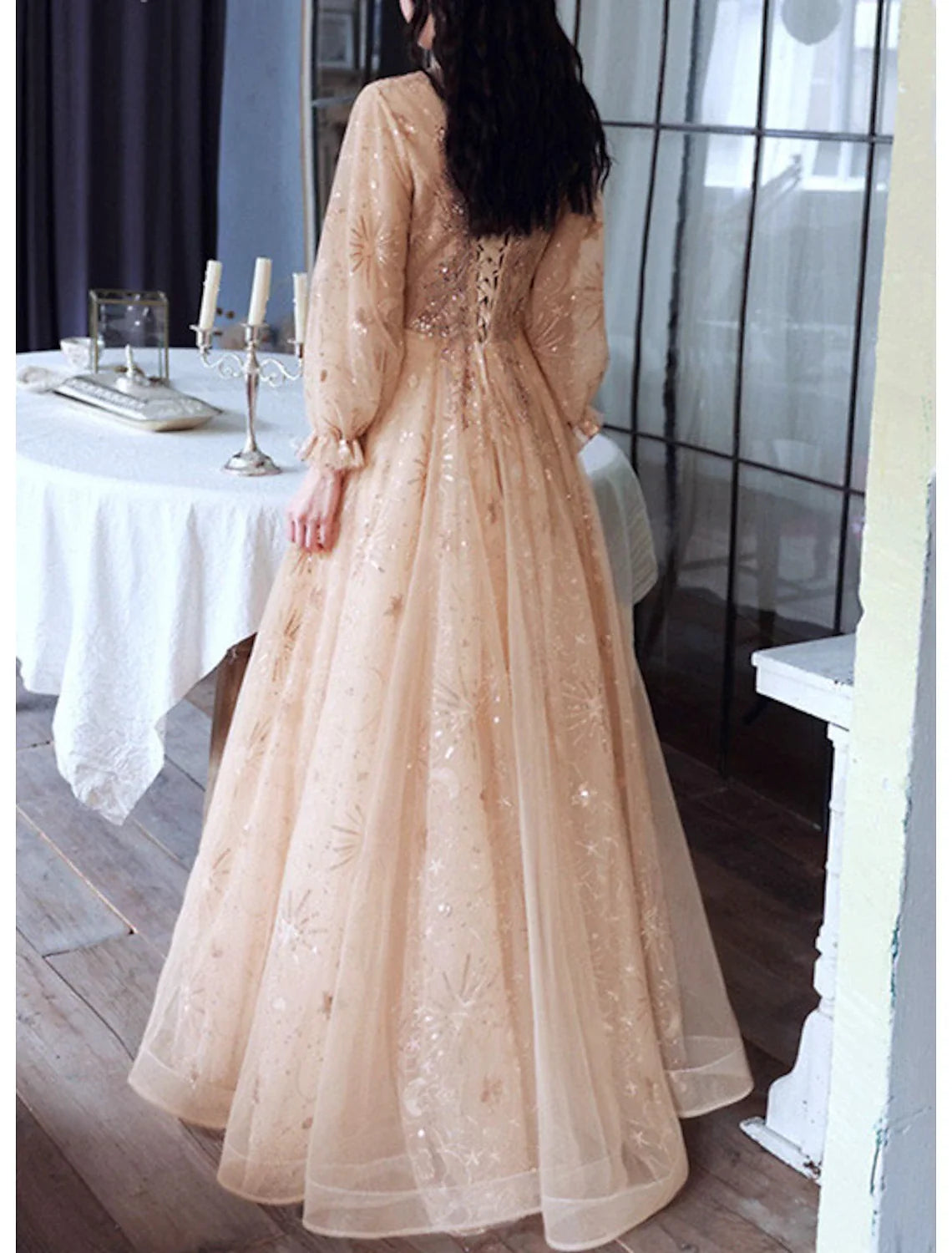A-Line High Neck Tulle Long Sleeve Floor-Length Evening Dress - Chloe Dress