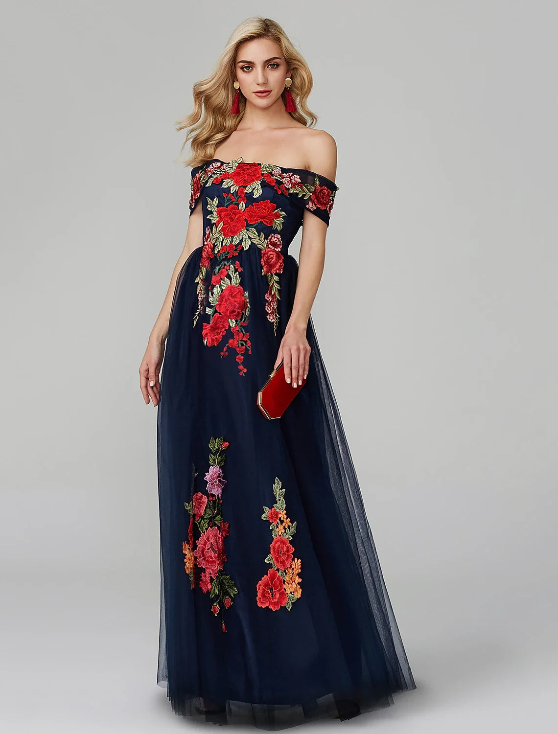 A-Line Off-Shoulder Tulle Sleeveless Applique Floor-Length Prom Dress - Chloe Dress