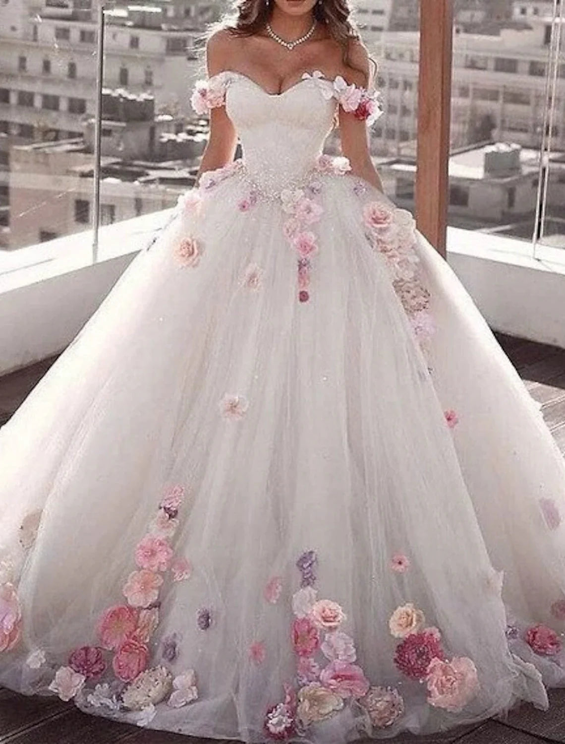 Ball Gown Off-Shoulder Satin Cap Sleeve Train Wedding Gown - Chloe Dress