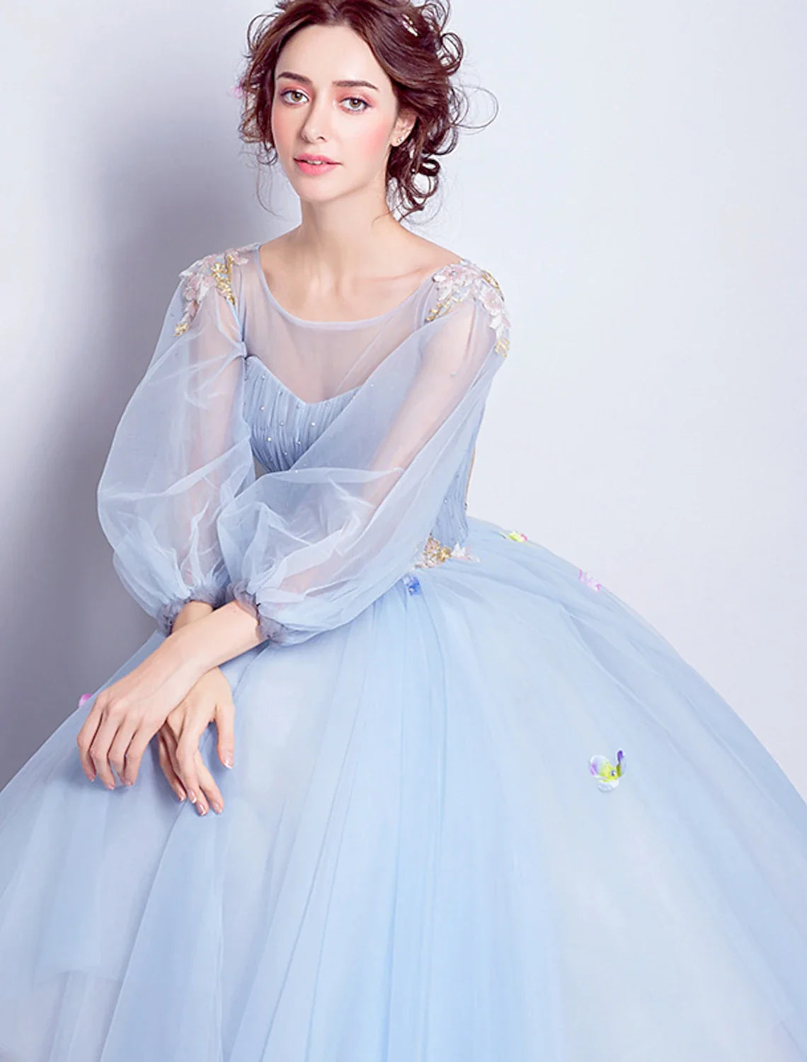 Ball Gown Illusion Tulle Three-Quarter Sleeve Pleated Floor-Length Gown - Chloe Dress
