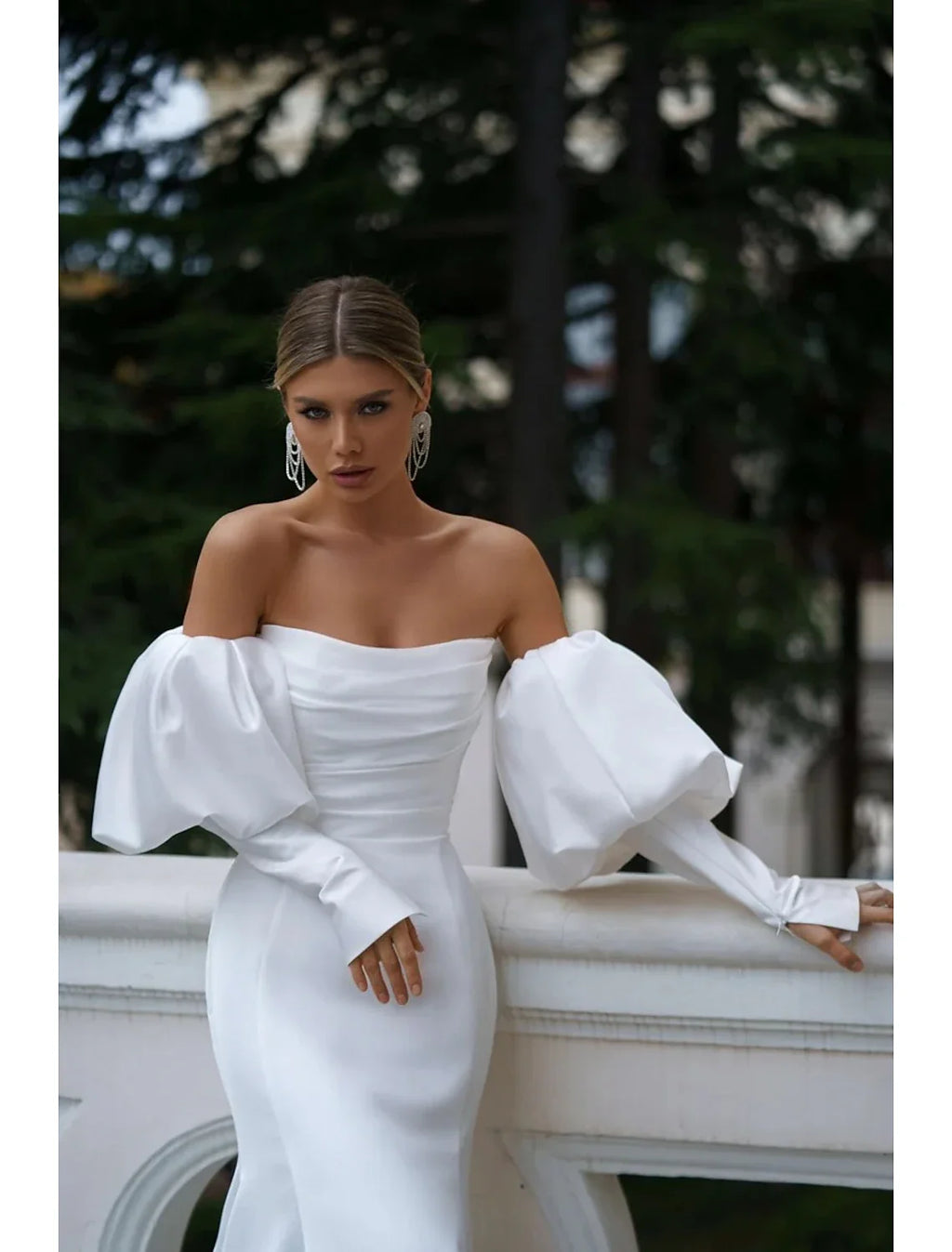 Mermaid Off-Shoulder Satin Long Sleeve Train Wedding Gown - Chloe Dress