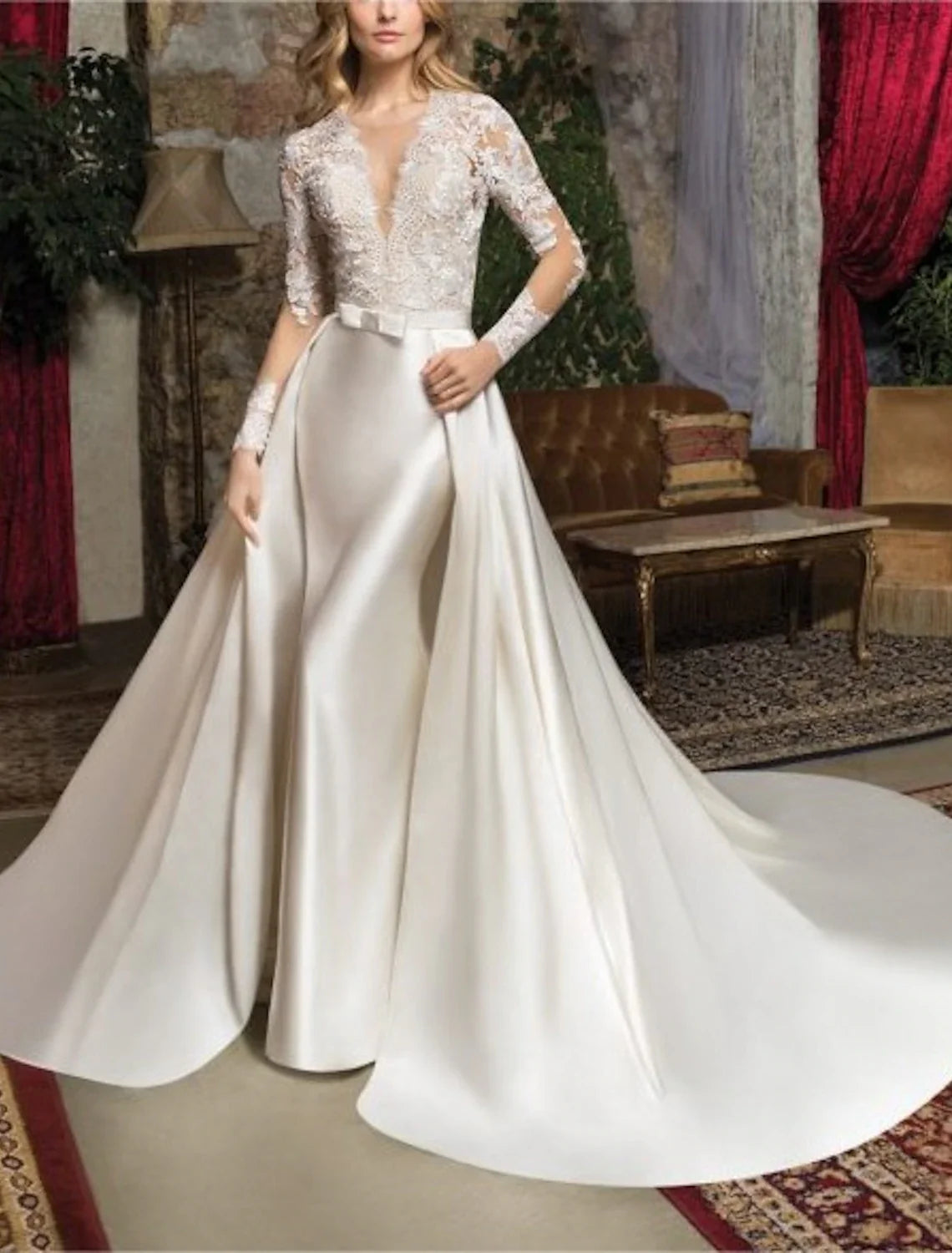 V-Neck Lace Long Sleeve Floor-Length Wedding Gown - Chloe Dress