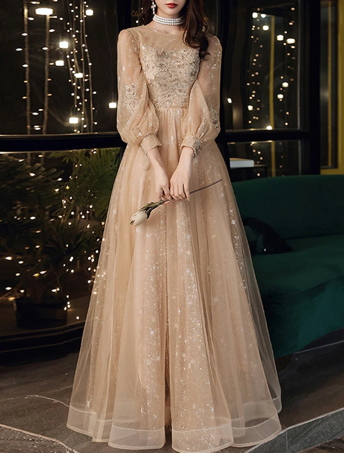 A-Line Tulle Long Sleeve Applique Floor-Length Prom Dress - Chloe Dress