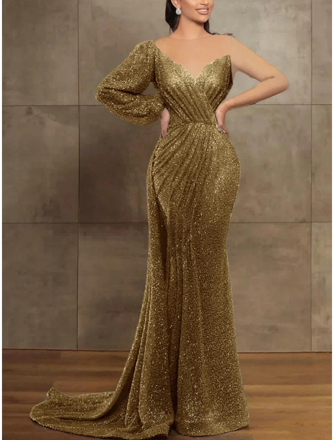Mermaid Illusion Sequin Long Sleeve Pleated Evening Gown - Chloe Dress