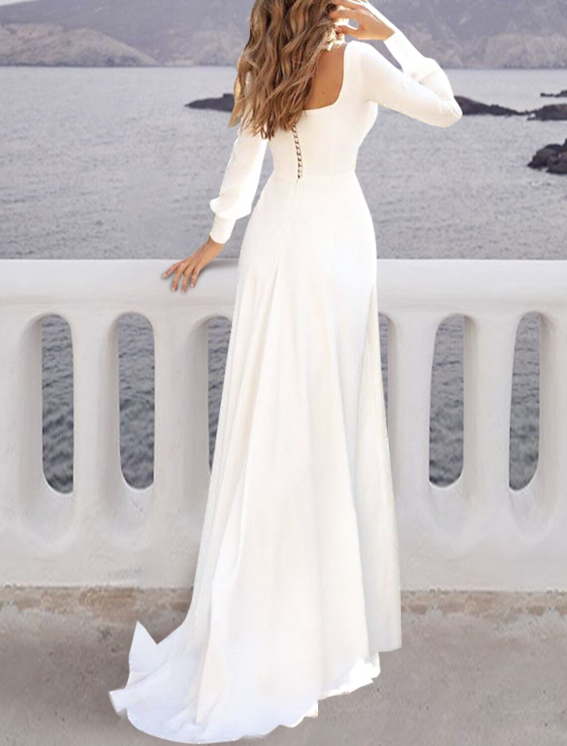 A-Line Square Neck Chiffon Long Sleeve Train Wedding Gown - Chloe Dress