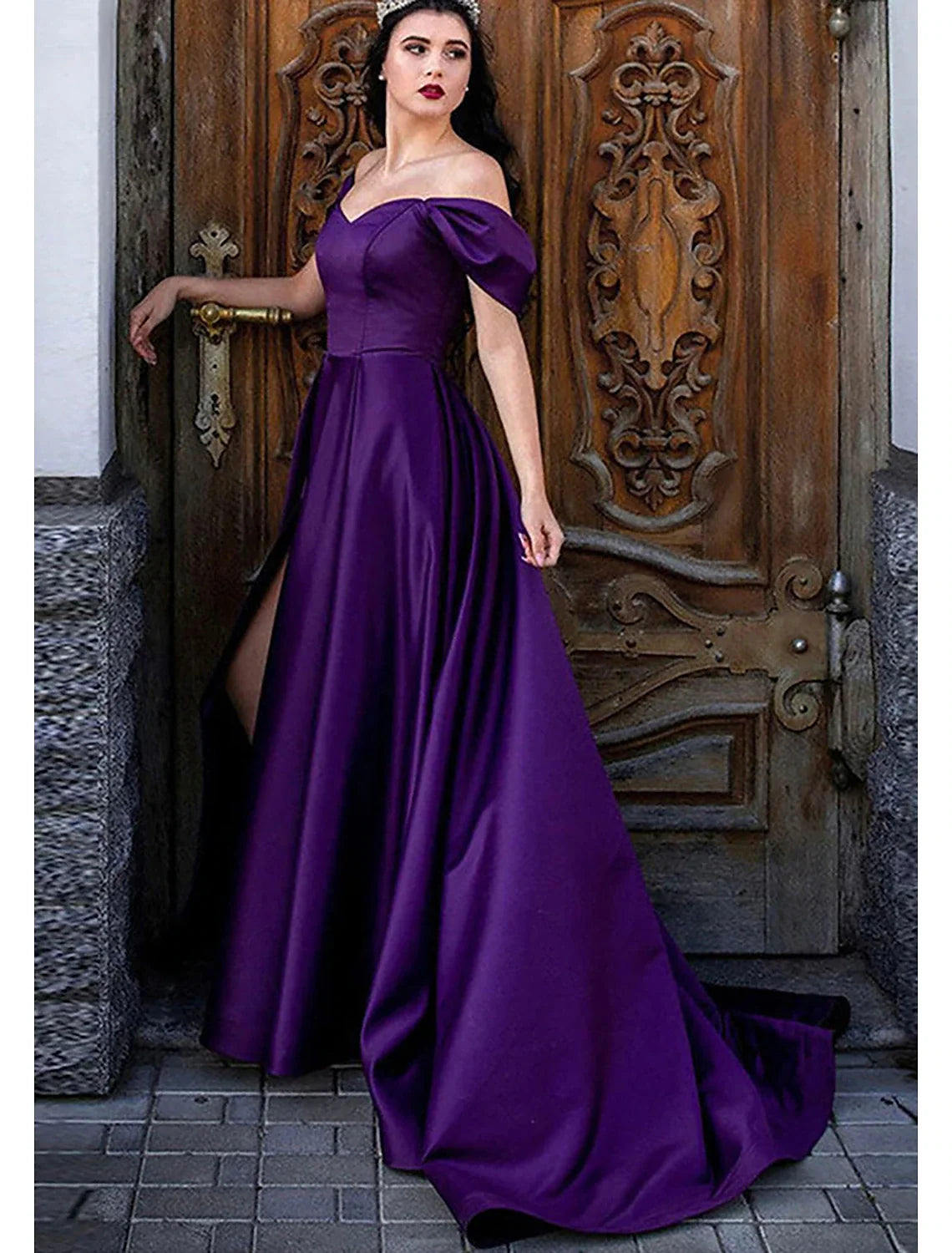 A-Line Off-Shoulder Satin Sleeveless High Slit Prom Dress - Chloe Dress