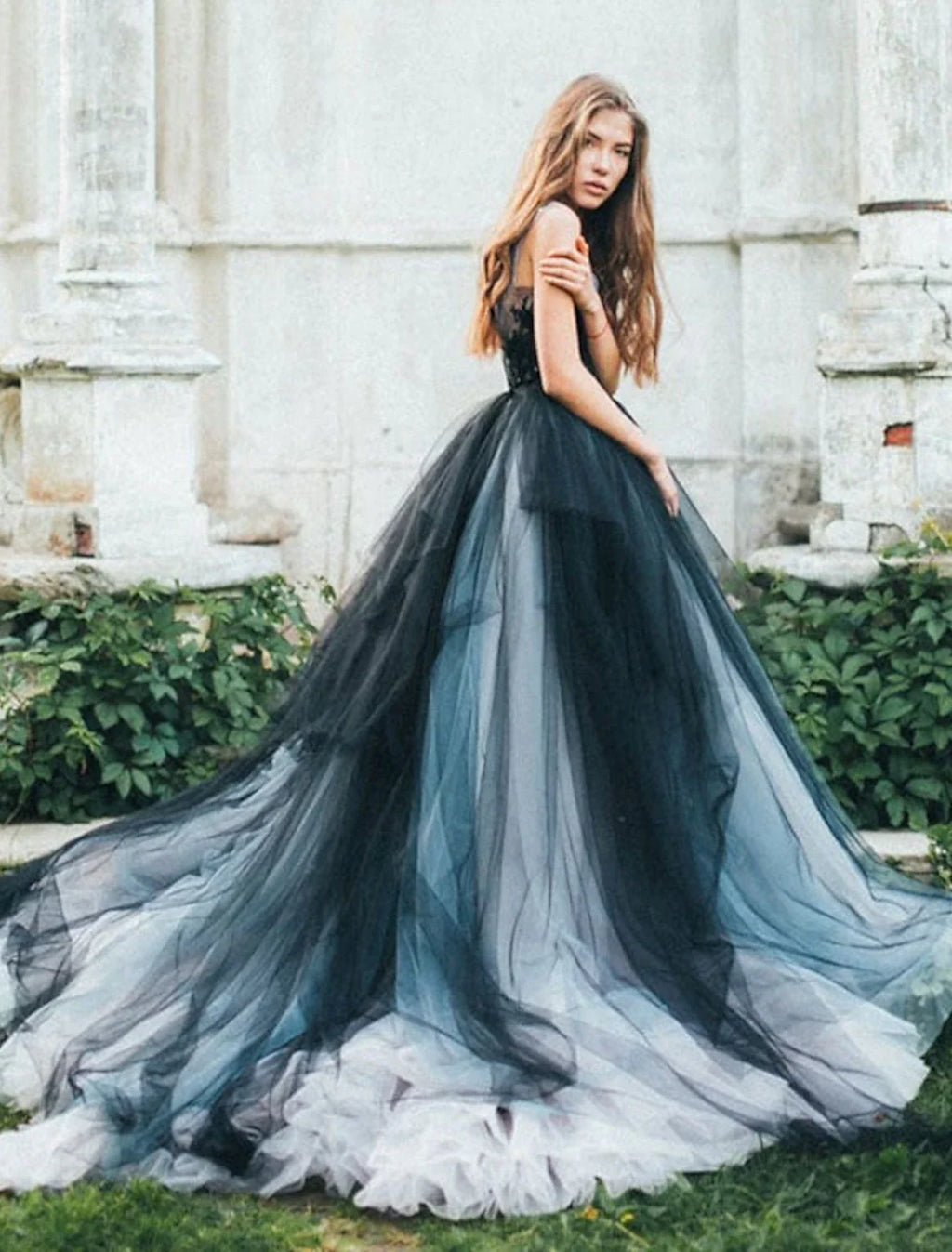 Black Ball Gown V-Neck Tulle Sleeveless Pleated Wedding Gown - Chloe Dress