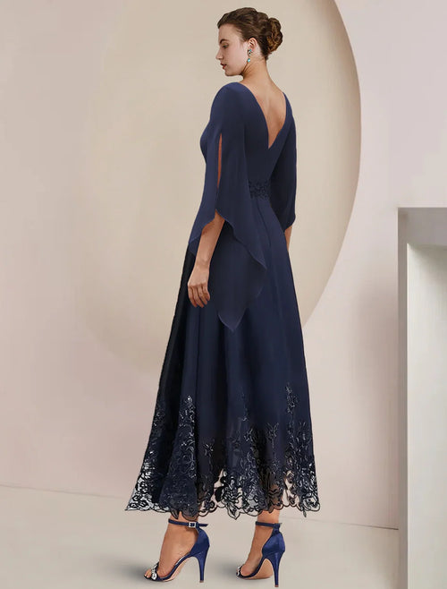 A-Line Chiffon Three-Quarter Sleeve Applique Tea-Length Wedding Dress - Chloe Dress