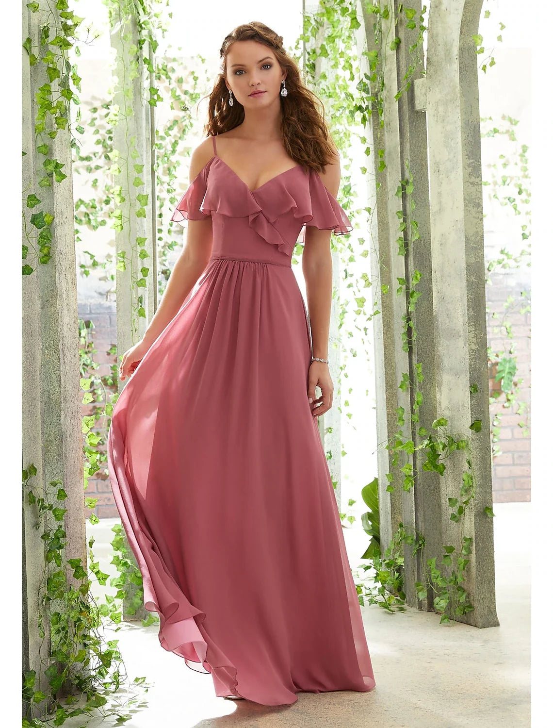 A-Line Spaghetti Strap Chiffon Short Sleeve Open Back Ruffled Floor-Length Wedding Dress - Chloe Dress