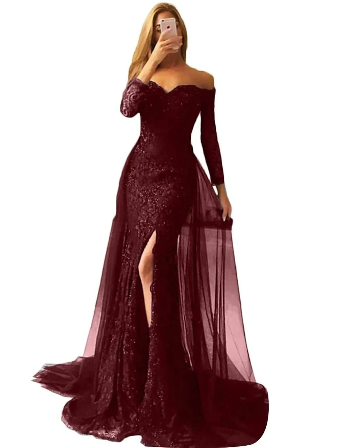 Mermaid Off-Shoulder Chiffon Long Sleeve High Slit Evening Gown - Chloe Dress