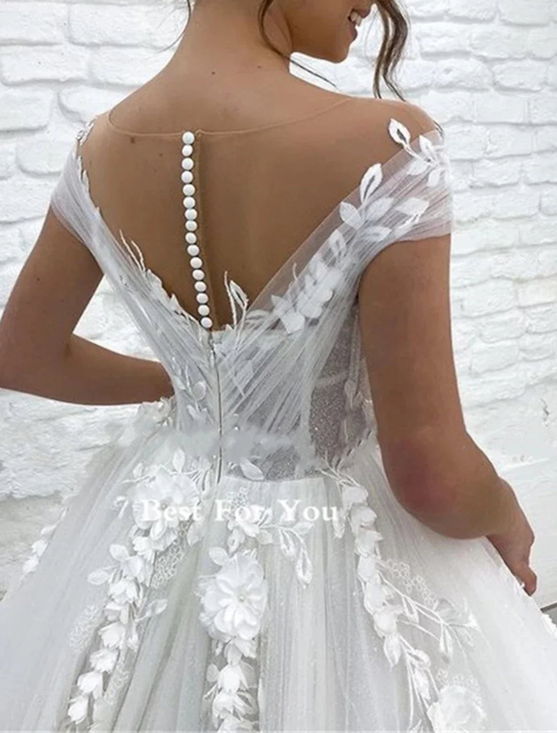 Ball Gown V-Neck Lace Cap Sleeve Train Wedding Gown - Chloe Dress