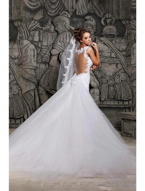 Mermaid Sweetheart Lace Cap Sleeve Open Back Train Wedding Gown - Chloe Dress
