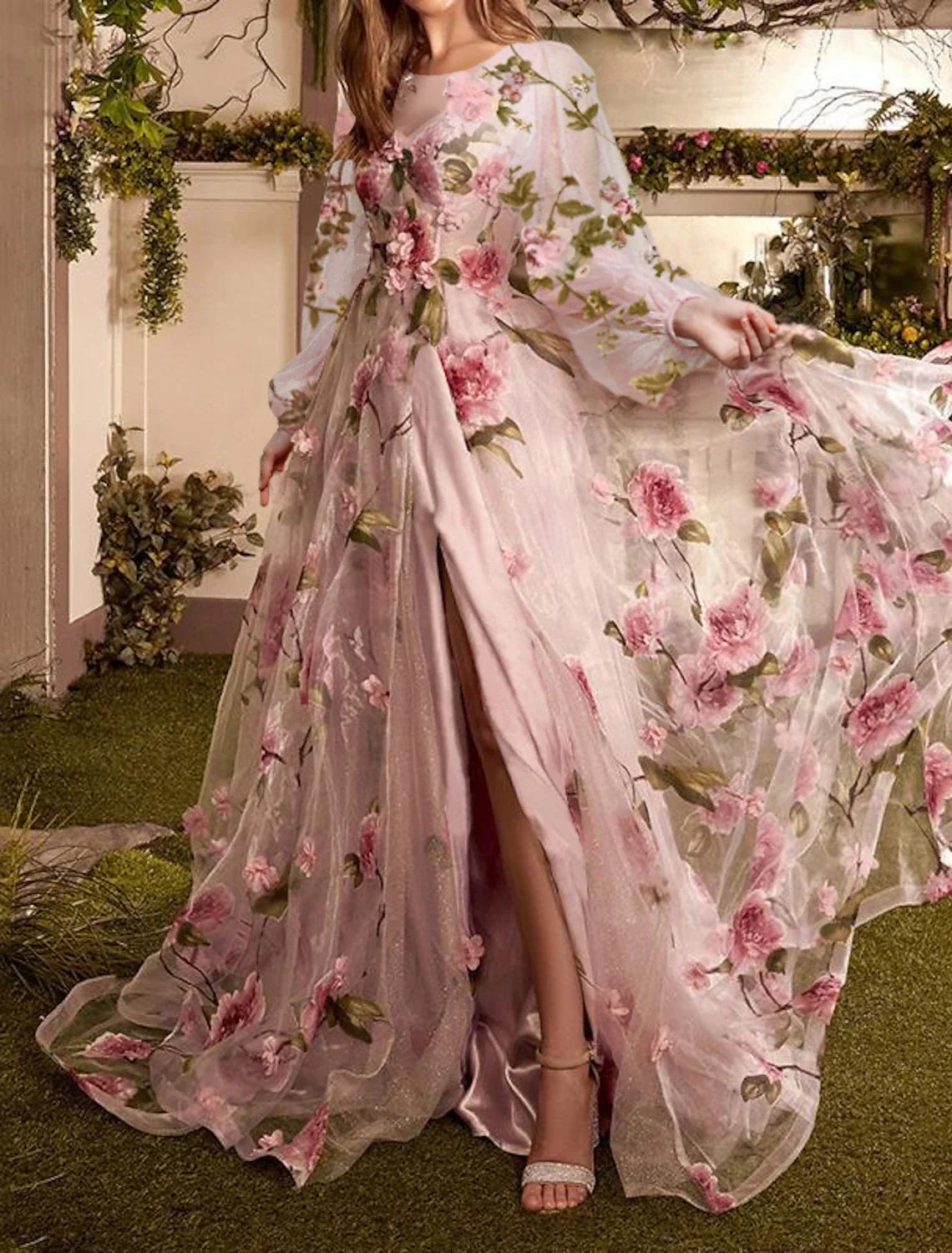 A-Line Lace Long Sleeve Train Prom Dress - Chloe Dress