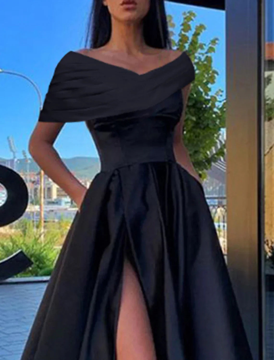 Black A-Line Off-Shoulder Satin Short Sleeve High Slit Floor-Length Prom Dress - Chloe Dress