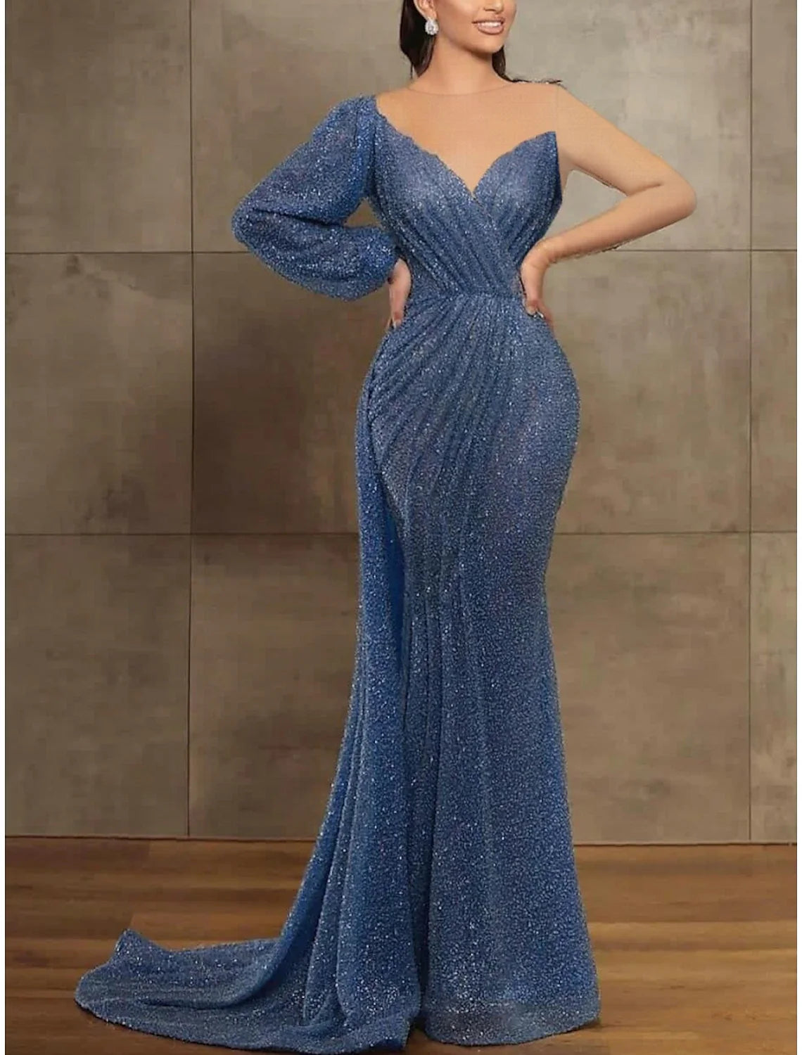 Mermaid Illusion Sequin Long Sleeve Pleated Evening Gown - Chloe Dress
