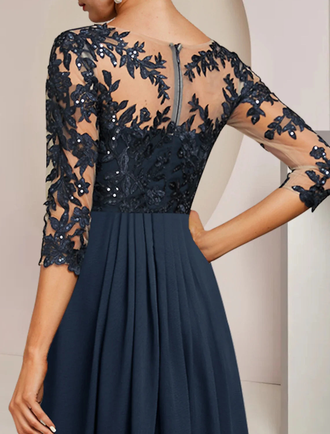 A-Line V-Neck Chiffon Three-Quarter Sleeve Applique Ankle-Length Wedding Dress - Chloe Dress