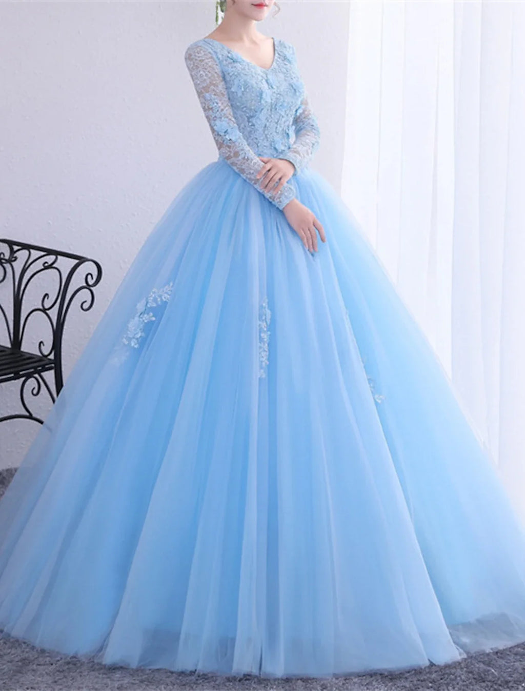 Ball Gown V-Neck Polyester Long Sleeve Applique Floor-Length Gown - Chloe Dress