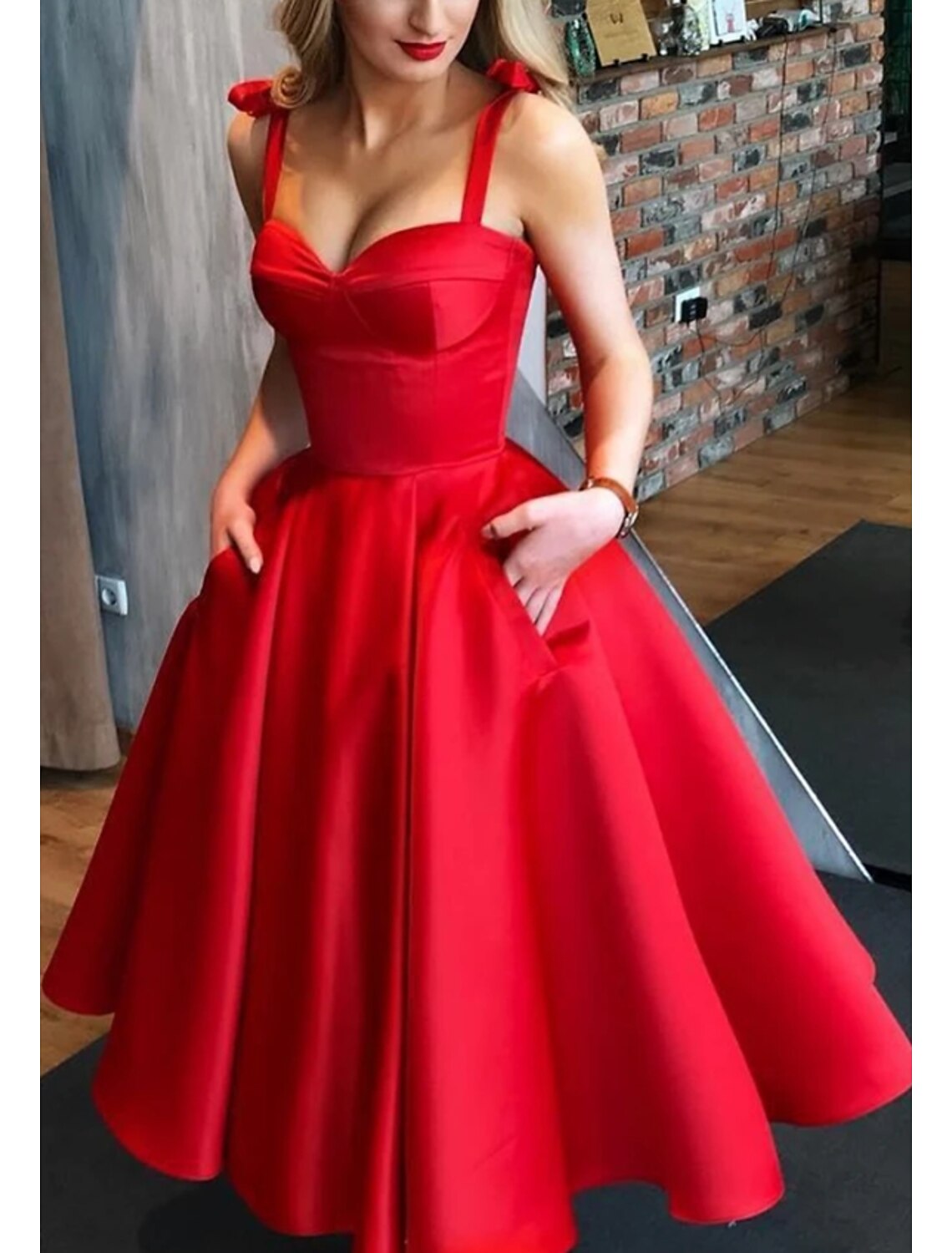 Black Ball Gown Spaghetti Strap Satin Sleeveless Pleated Tea-Length Prom Gown - Chloe Dress