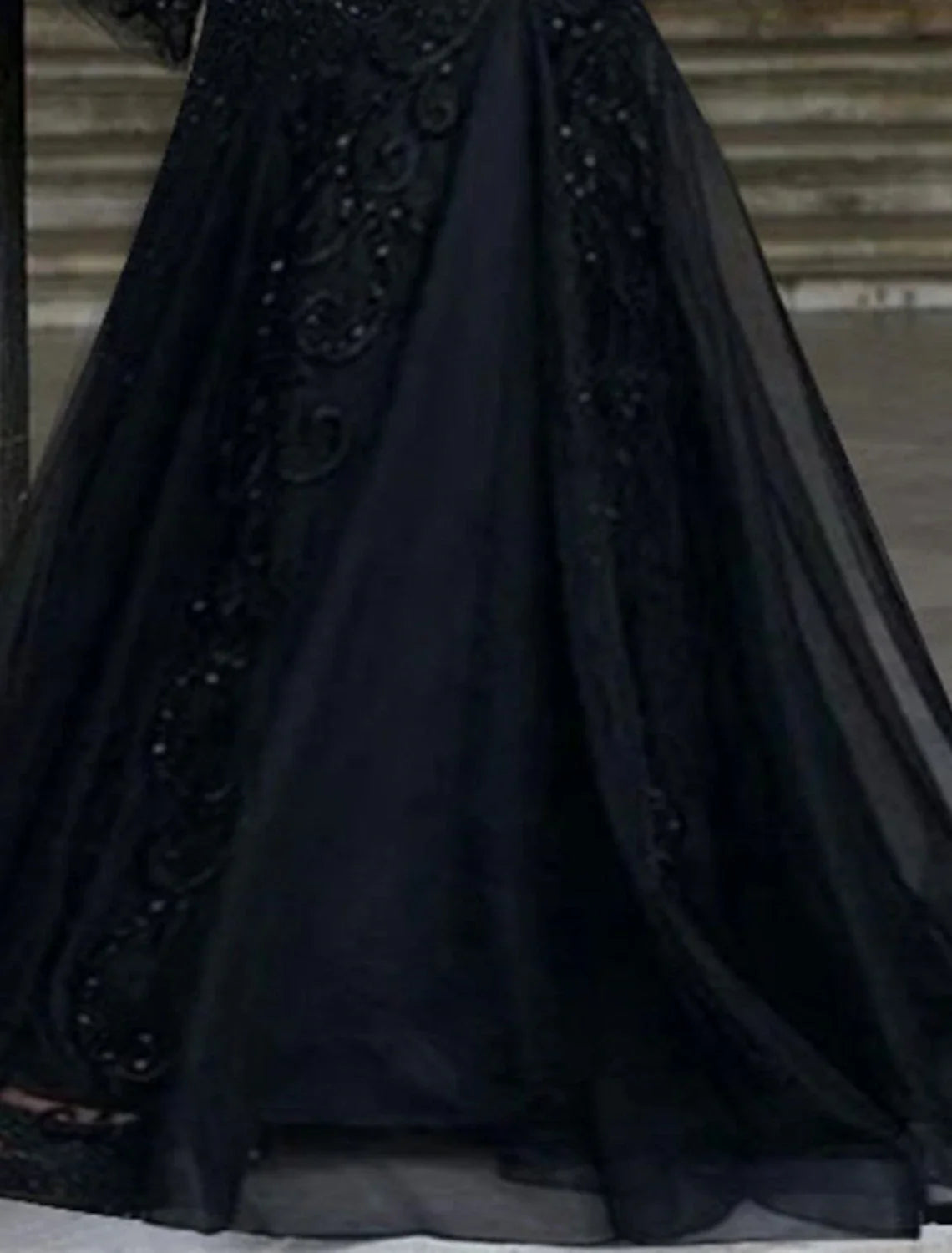 Black A-Line V-Neck Lace Long Sleeve Applique Floor-Length Evening Gown - Chloe Dress