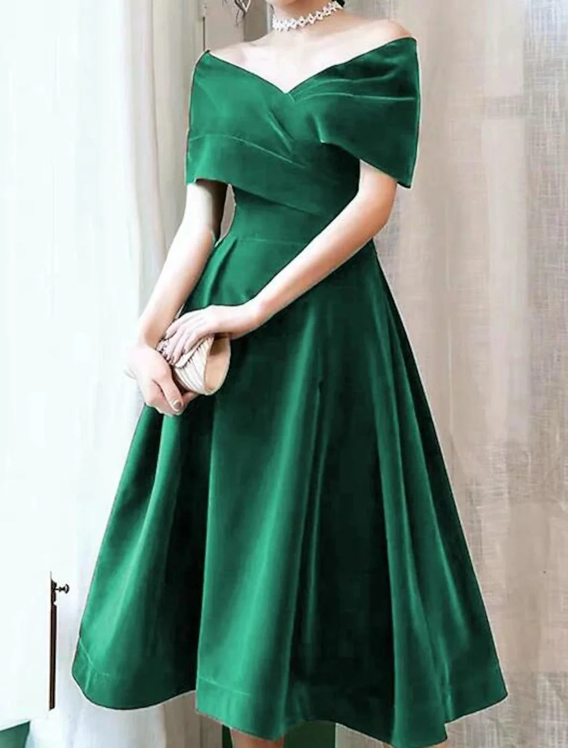 Black A-Line Off-Shoulder Velvet Short Sleeve Pleated Mini Wedding Dress - Chloe Dress