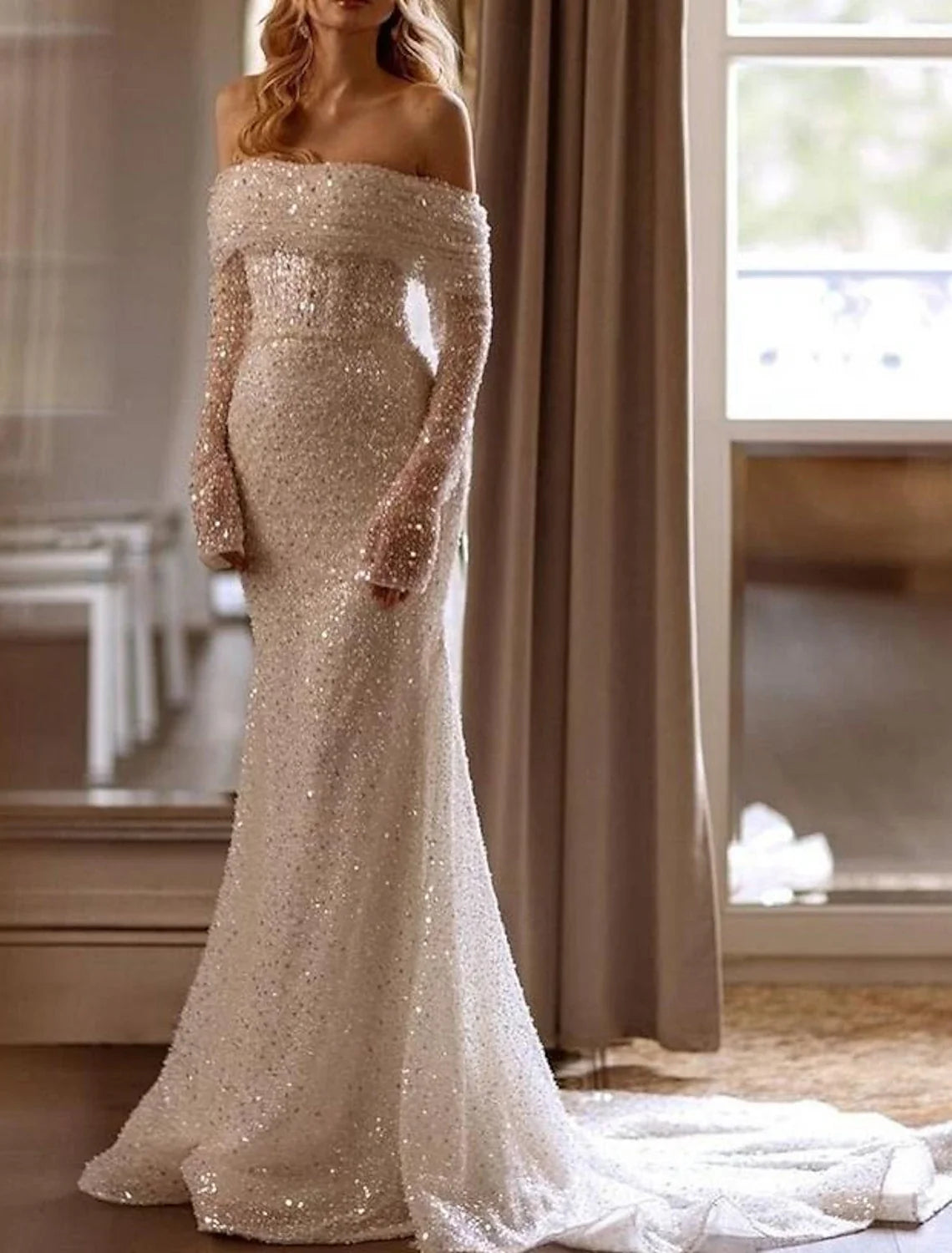 Mermaid Off-Shoulder Sequin Long Sleeve Pleated Wedding Gown - Chloe Dress