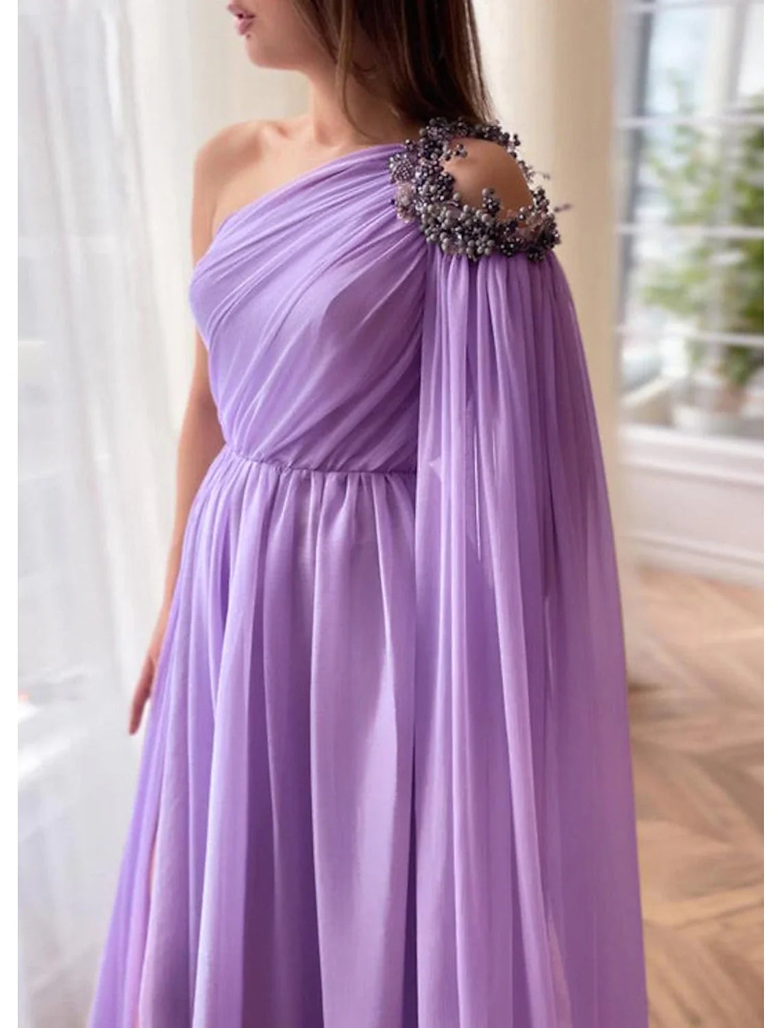 A-Line One-Shoulder Chiffon Sleeveless High Slit Evening Gown - Chloe Dress