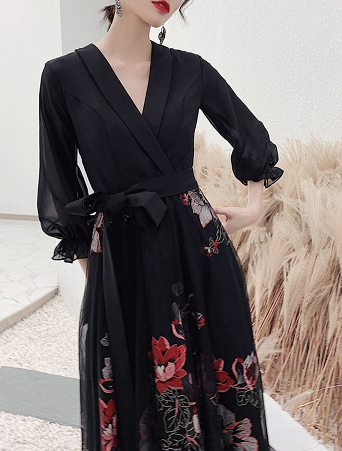 A-Line V-Neck Three-Quarter Sleeve Floor-Length Evening Dress - Chloe Dress