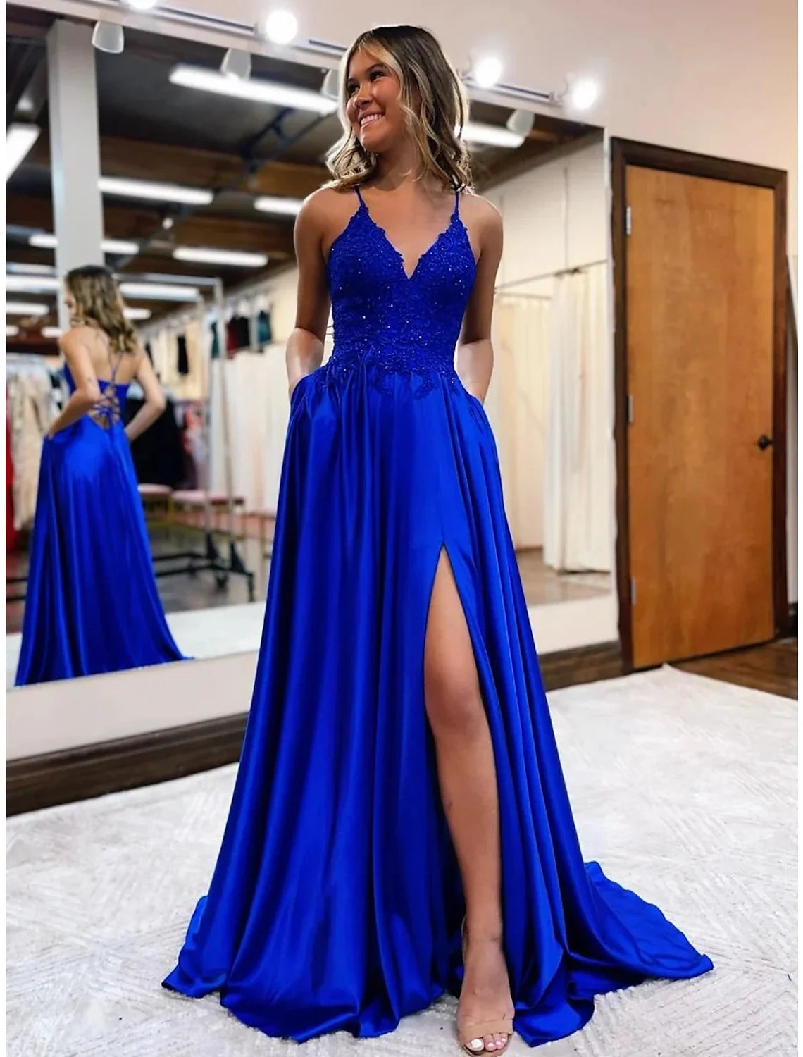 A-Line V-Neck Satin Sleeveless Backless Train Prom Dress - Chloe Dress