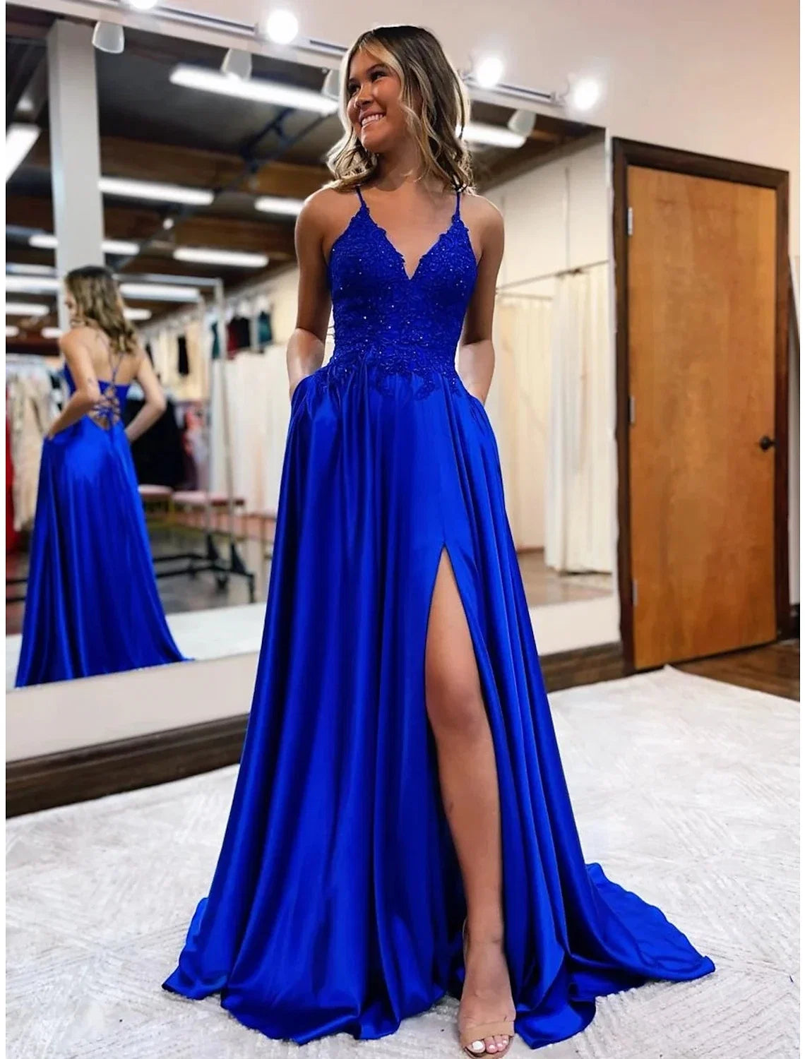 A-Line V-Neck Satin Sleeveless Backless Train Prom Dress - Chloe Dress
