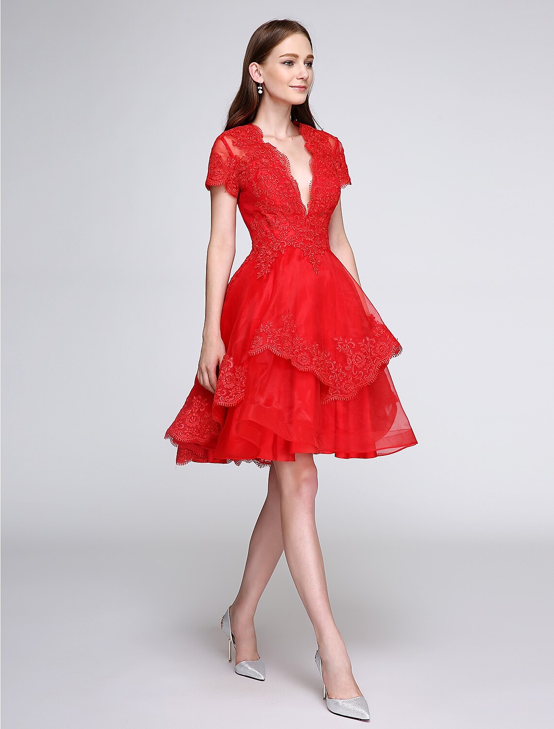 Ball Gown Plunging Organza Short Sleeve Button Back Applique Mini Prom Gown - Chloe Dress