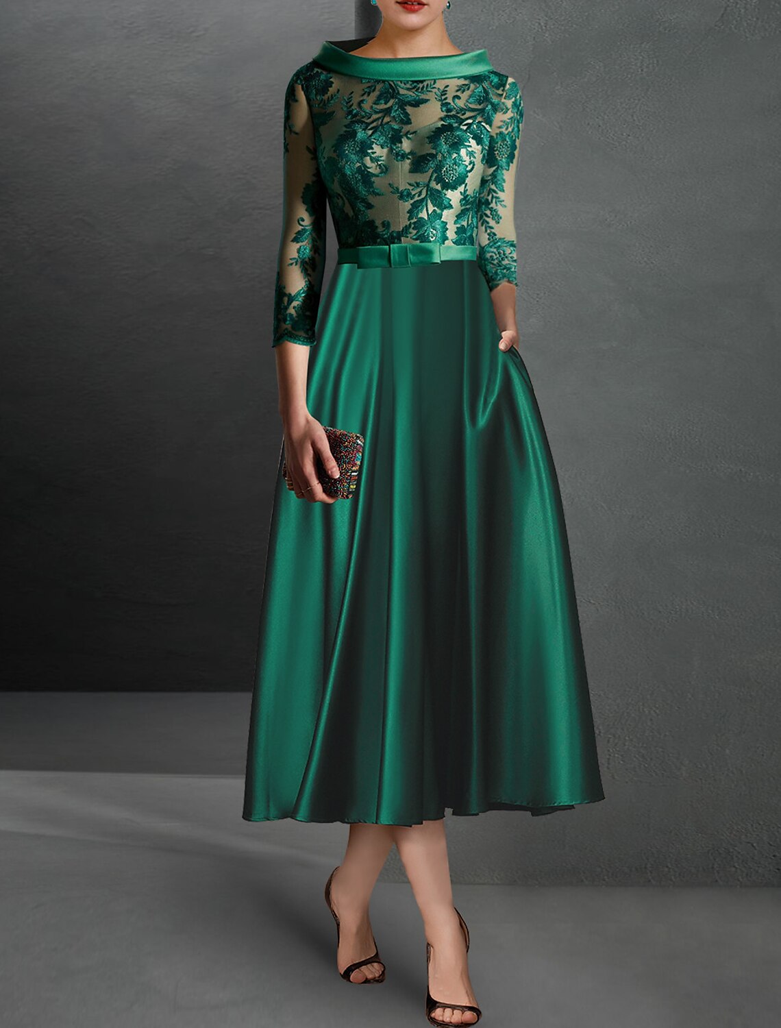 Green A-Line Satin Three-Quarter Sleeve Applique Tea-Length Wedding Dress - Chloe Dress