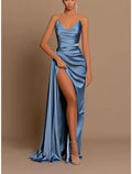 Blue A-Line V-Neck Satin Sleeveless Backless High Slit Evening Dress - Chloe Dress