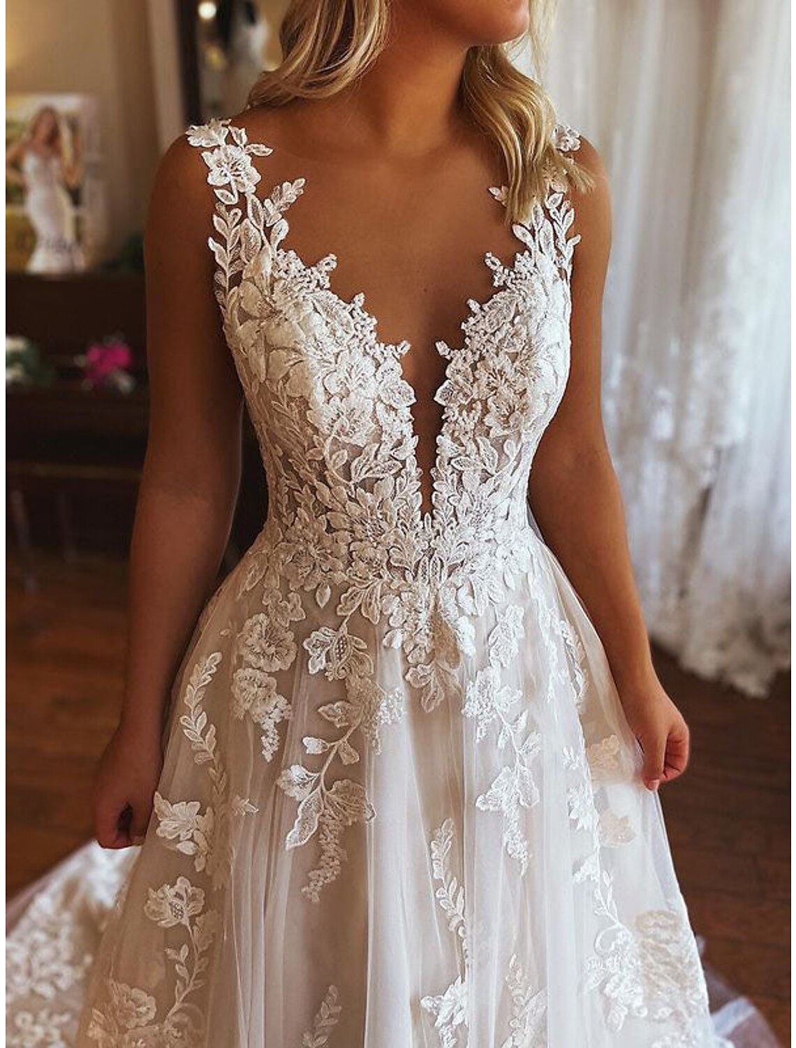 A-Line V-Neck Lace Sleeveless Train Wedding Gown - Chloe Dress