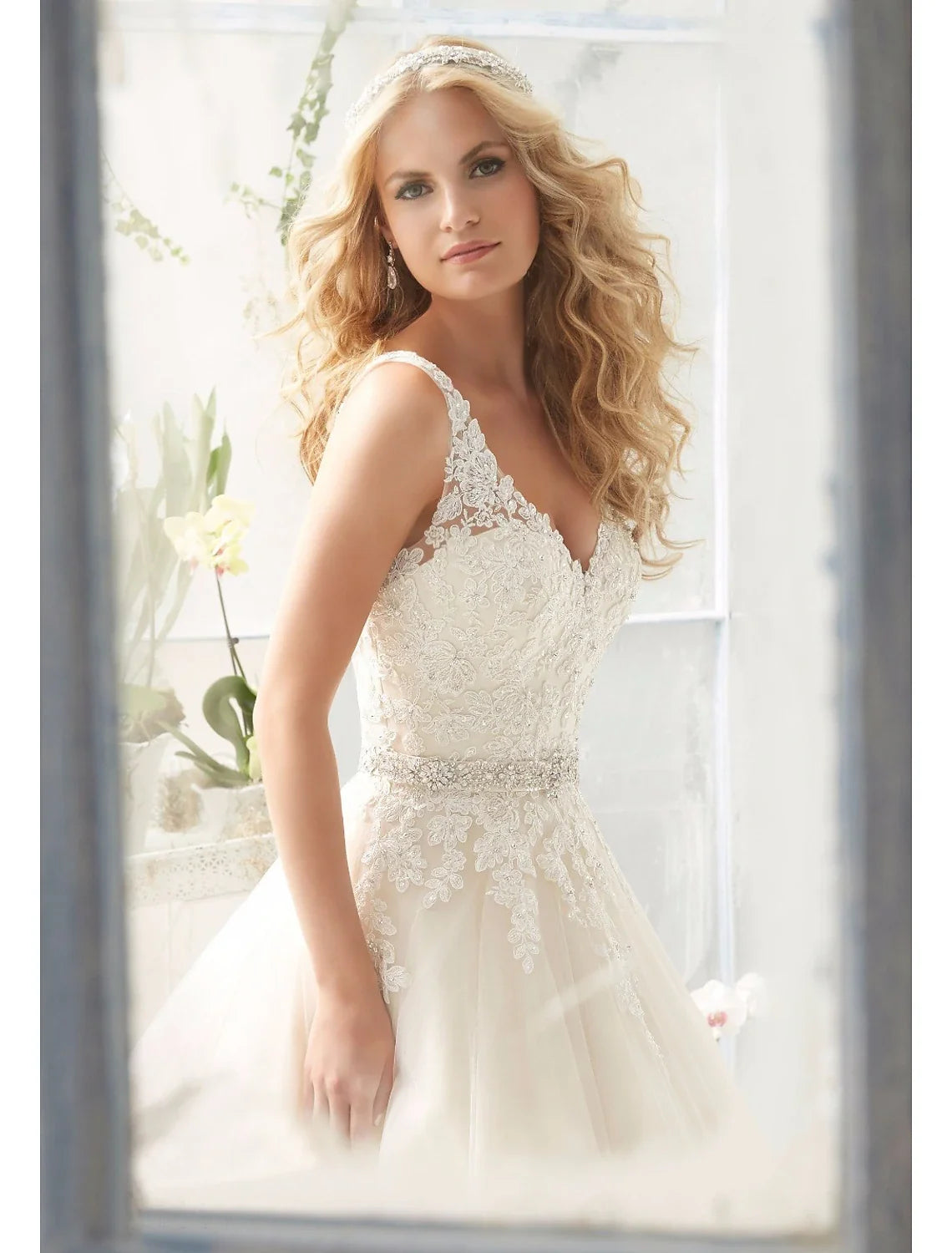 A-Line V-Neck Lace Sleeveless Open Back Train Wedding Gown - Chloe Dress